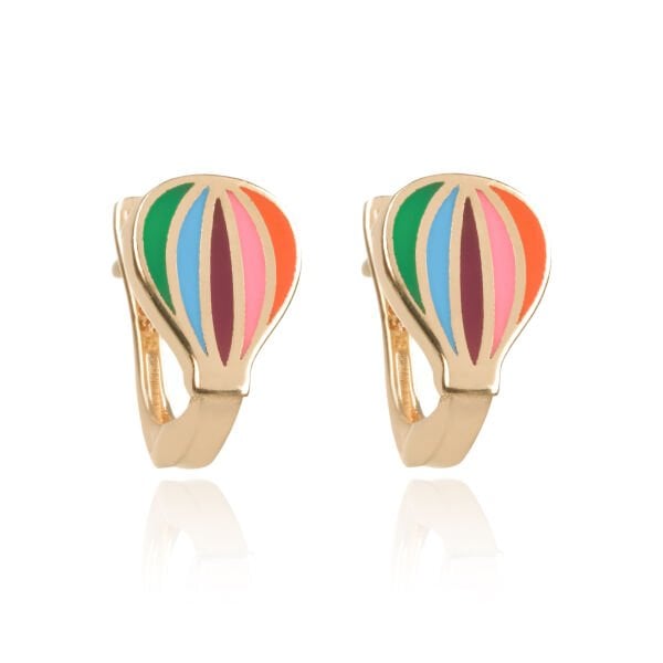 14 Ayar Altın Uçan Balon Figürlü Renkli Mineli Çocuk Küpe