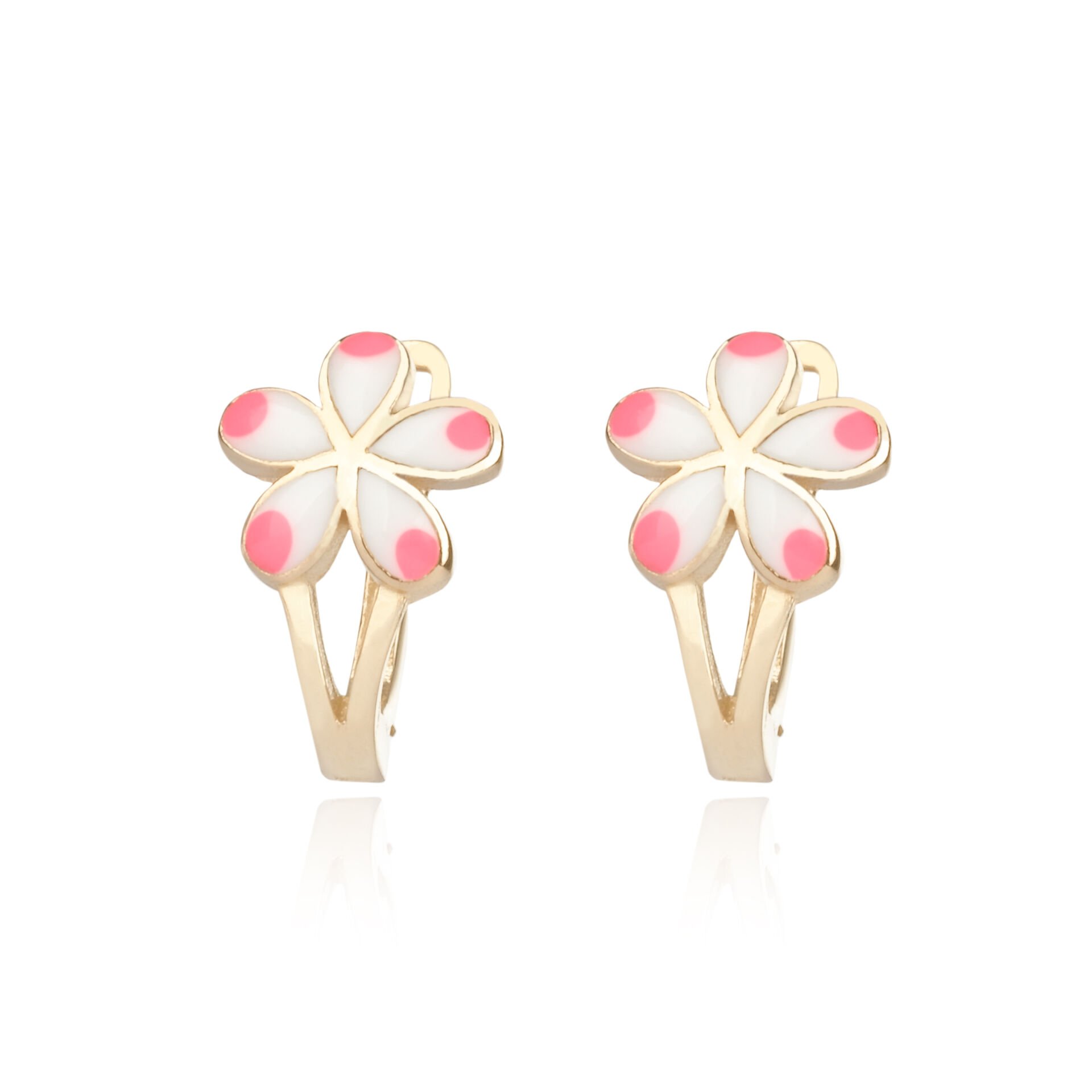 14 Ayar Altın Pembe ve Beyaz Mineli Çiçek Figürlü Çocuk Küpe