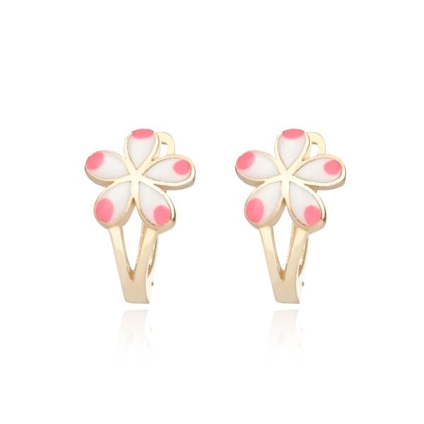 14 Ayar Altın Pembe ve Beyaz Mineli Çiçek Figürlü Çocuk Küpe