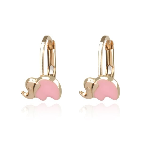 14 Ayar Altın Fil Figürlü Pembe Mineli Çocuk Küpe