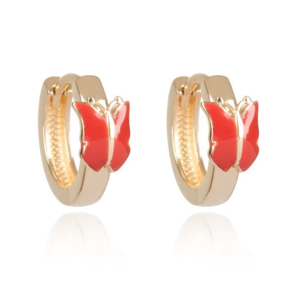 14 Ayar Altın Kelebek Figürlü Kırmızı Mineli Çocuk Küpe