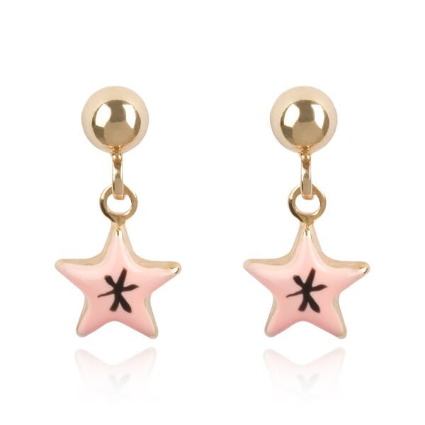 14 Ayar Altın Pembe Mineli Yıldız Figürlü Sallantılı Çocuk Küpe