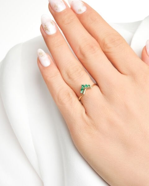 14 Ayar Altın V Form Turmalin Taşlı Yüzük