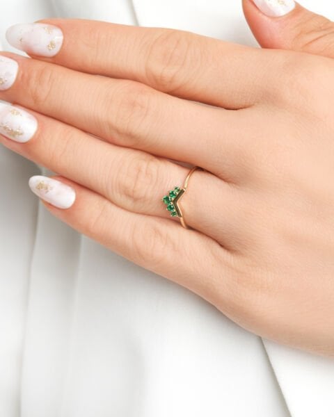 14 Ayar Altın V Form Turmalin Taşlı Minimal Yüzük