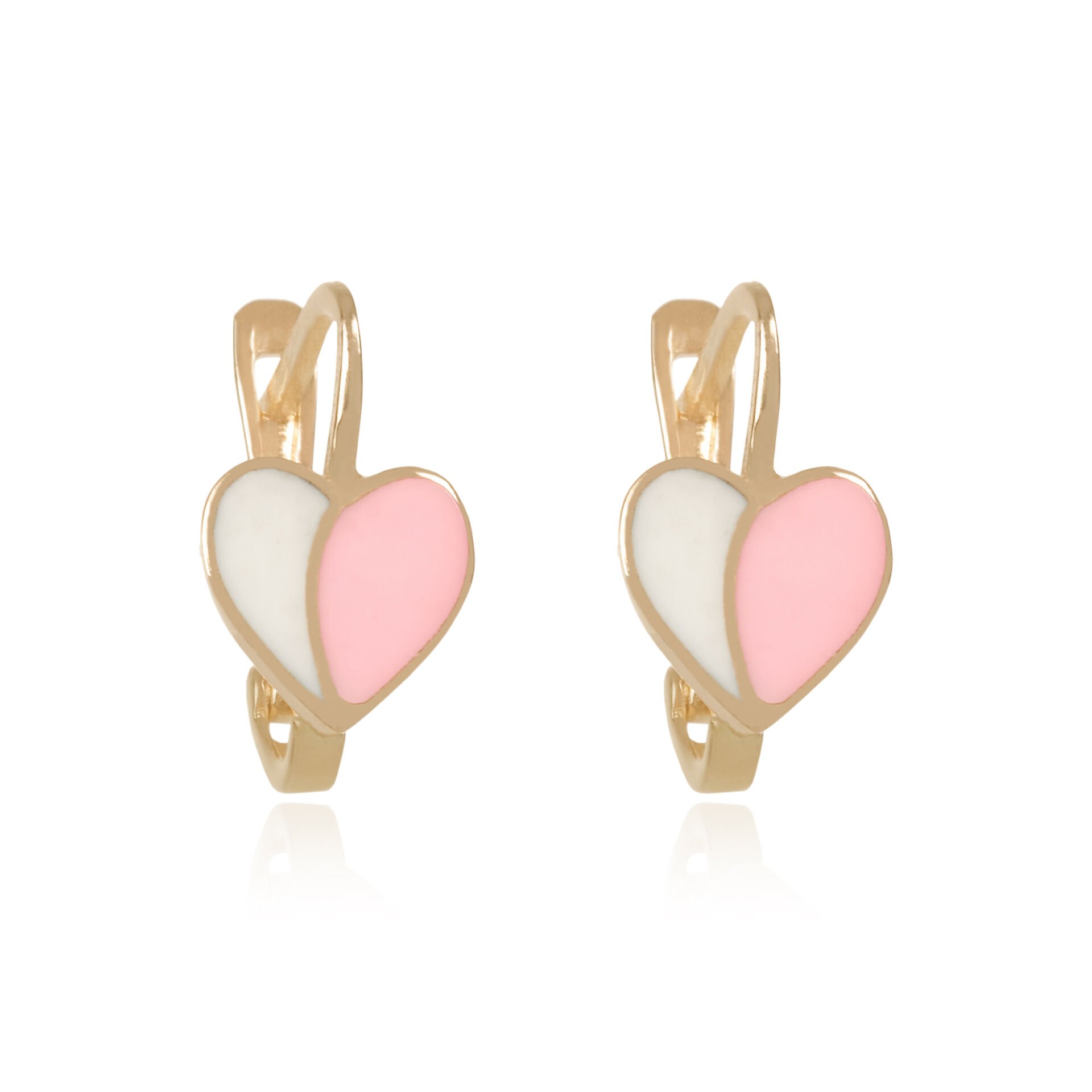 14 Ayar Altın Pembe ve Beyaz Mineli Kalp Figürlü Çocuk Küpe