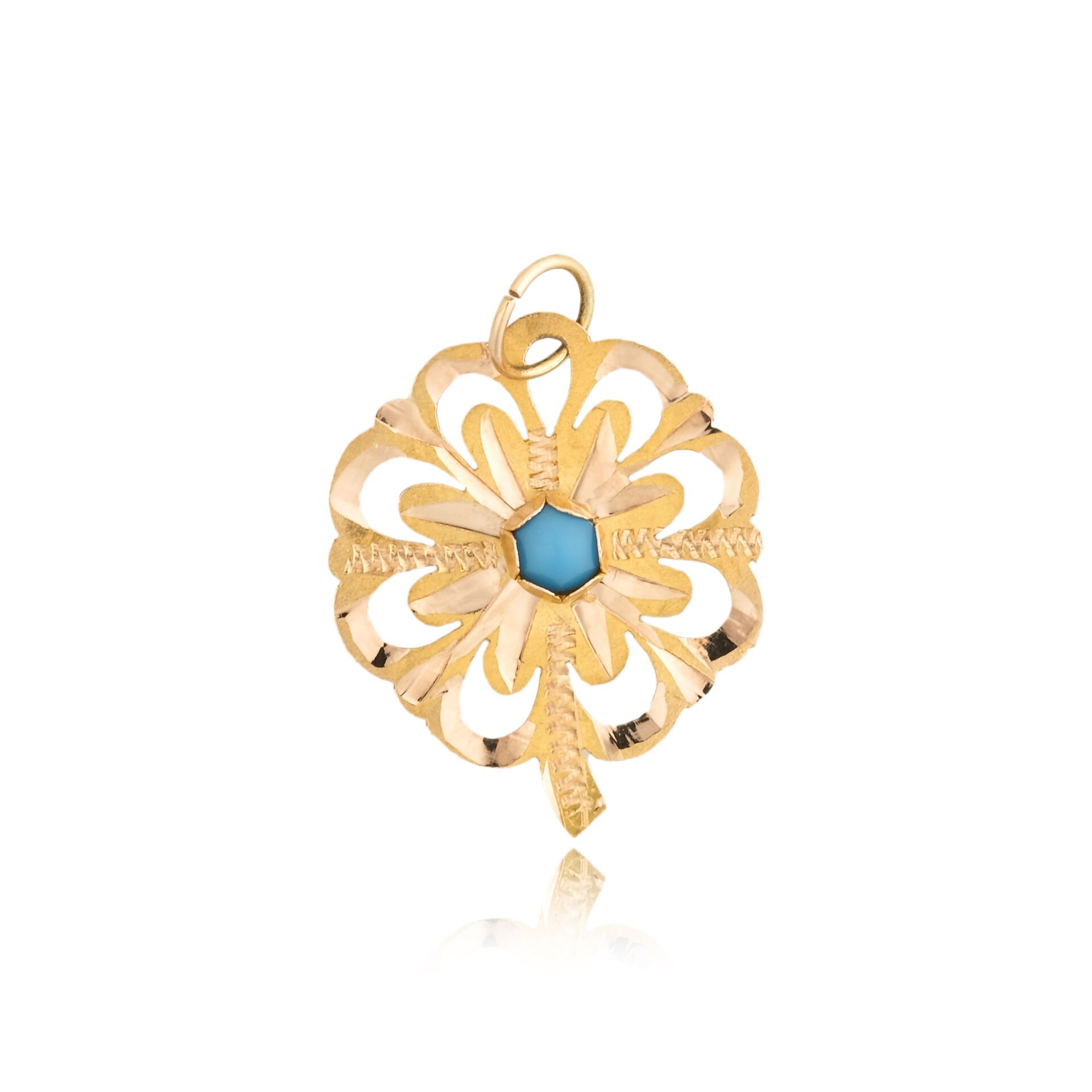 14 Ayar Altın Turkuaz Taşlı Çiçek Motifli Kolye Ucu