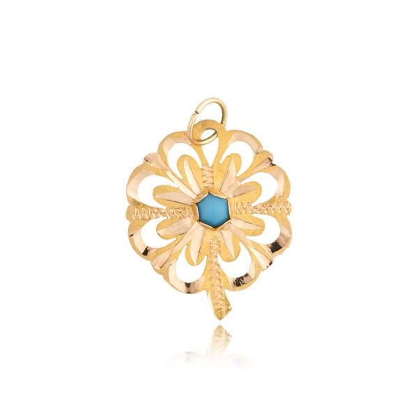 14 Ayar Altın Turkuaz Taşlı Çiçek Motifli Kolye Ucu
