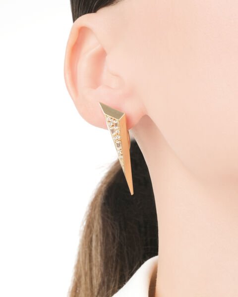 Ema 14 Ayar Altın Üçgen Tasarım Zirkon Taşlı Küpe