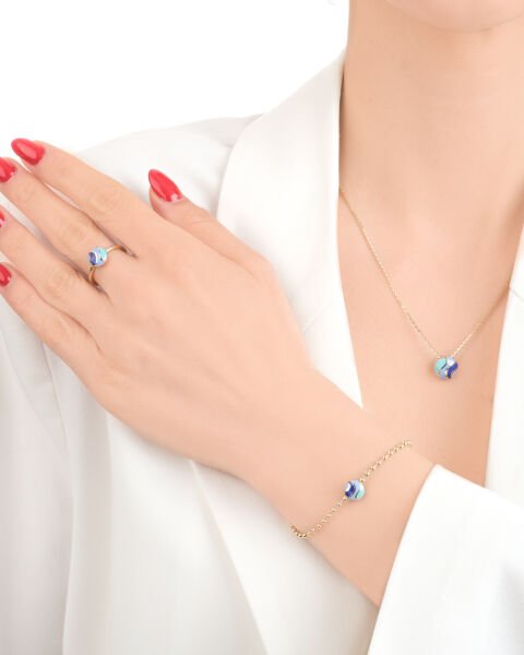 14 Ayar Altın Cetaş Colore Mineli Set (Yüzük-Kolye-Bileklik)