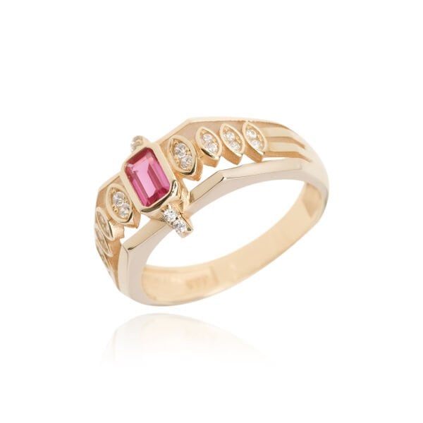 14 Ayar Altın Kırmızı Taşlı Taç Yüzük