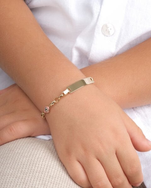 14 Ayar Altın Pembe Mineli Plaka Çocuk Künyesi