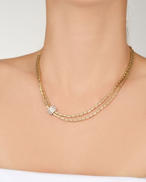 14 Ayar Altın Baget Taşlı Çift Sıra Çubuk Zincir Kolye