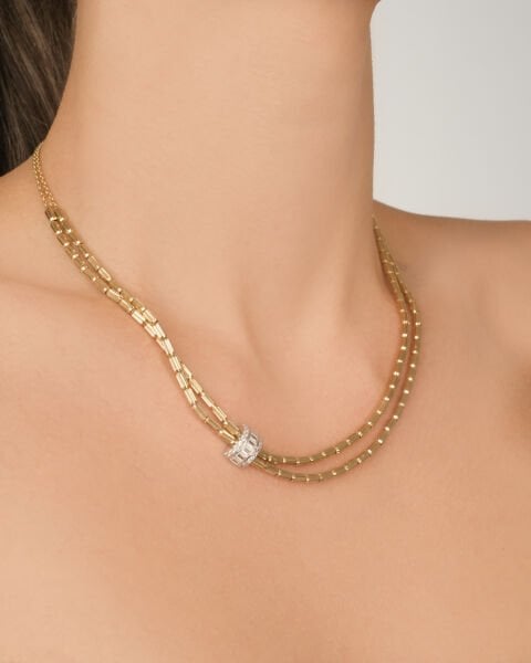 14 Ayar Altın Baget Taşlı Çift Sıra Çubuk Zincir Kolye