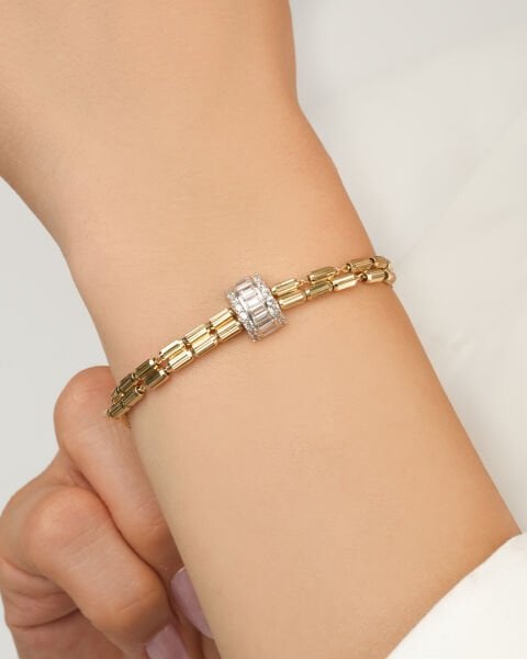 14 Ayar Altın Taşlı Çift Sıra Çubuk Zincir Bileklik