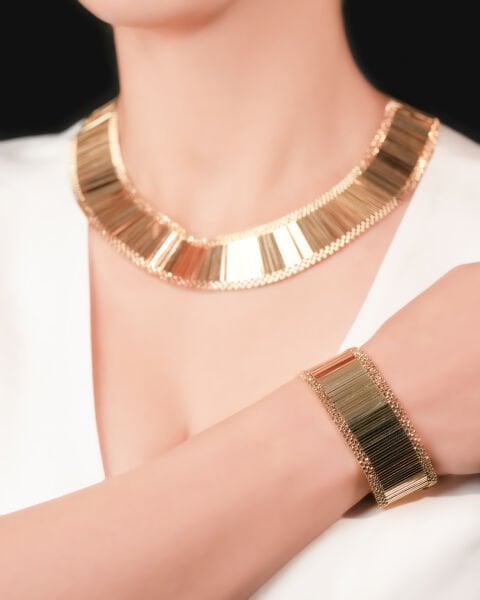 14 Ayar Altın Işıltılı Kleopatra Model Set (Gerdanlık - Bileklik)