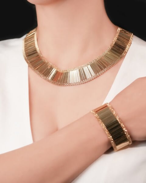 14 Ayar Altın Işıltılı Kleopatra Model Set (Gerdanlık - Bileklik)