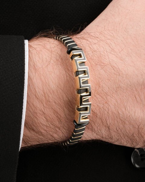 14 Ayar Altın Siyah Deri Erkek Bileklik