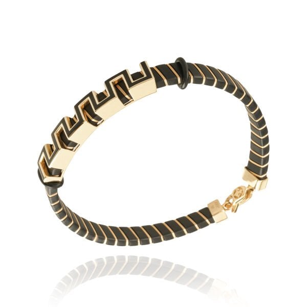 14 Ayar Altın Zigzag Detaylı Siyah Deri Erkek Bileklik