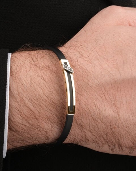 14 Ayar Altın Siyah Taş Detaylı Deri Erkek Bileklik