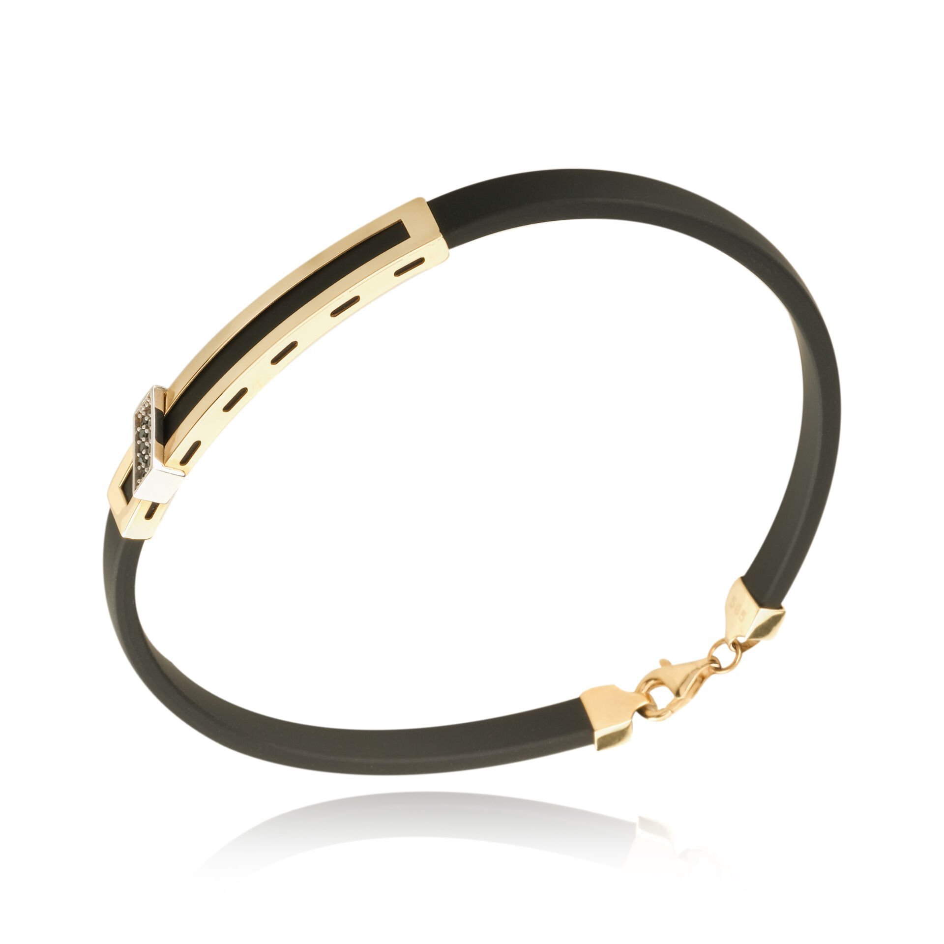 14 Ayar Altın Siyah Taş Detaylı Deri Erkek Bileklik