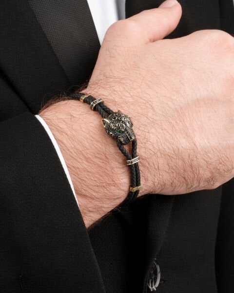 14 Ayar Altın Taşlı Leopar Deri Erkek Bileklik