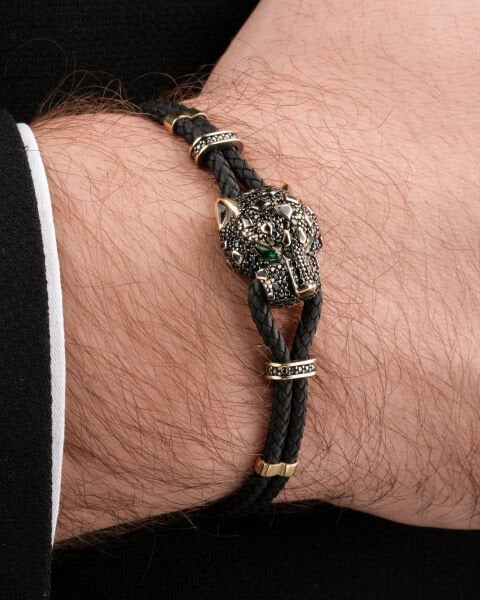 14 Ayar Altın Taşlı Leopar Figürlü Deri Erkek Bileklik