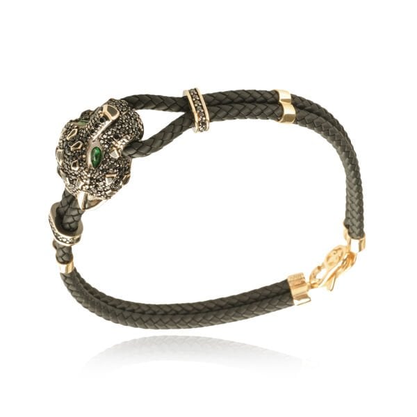 14 Ayar Altın Taşlı Leopar Deri Erkek Bileklik