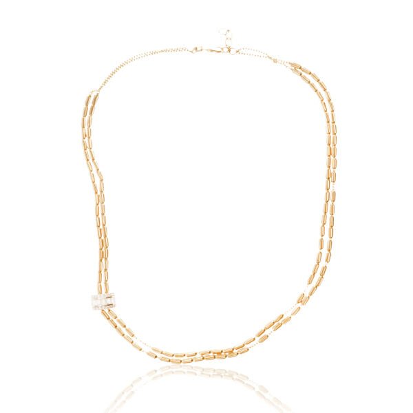 14 Ayar Altın Baget Taşlı Çift Sıra Çubuk Zincir Set (Kolye- Bileklik)