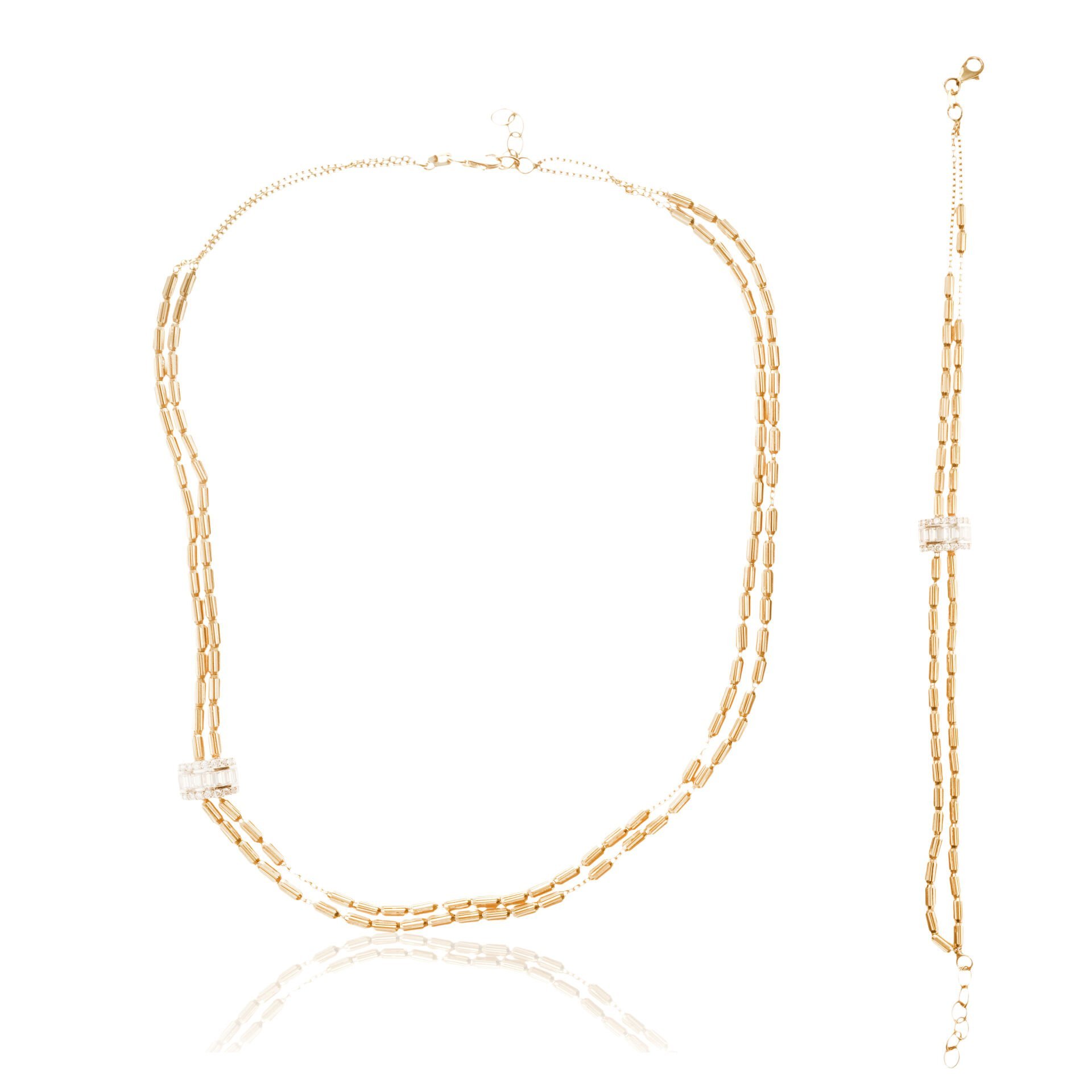 14 Ayar Altın Baget Taşlı Çift Sıra Çubuk Zincir Set (Kolye- Bileklik)