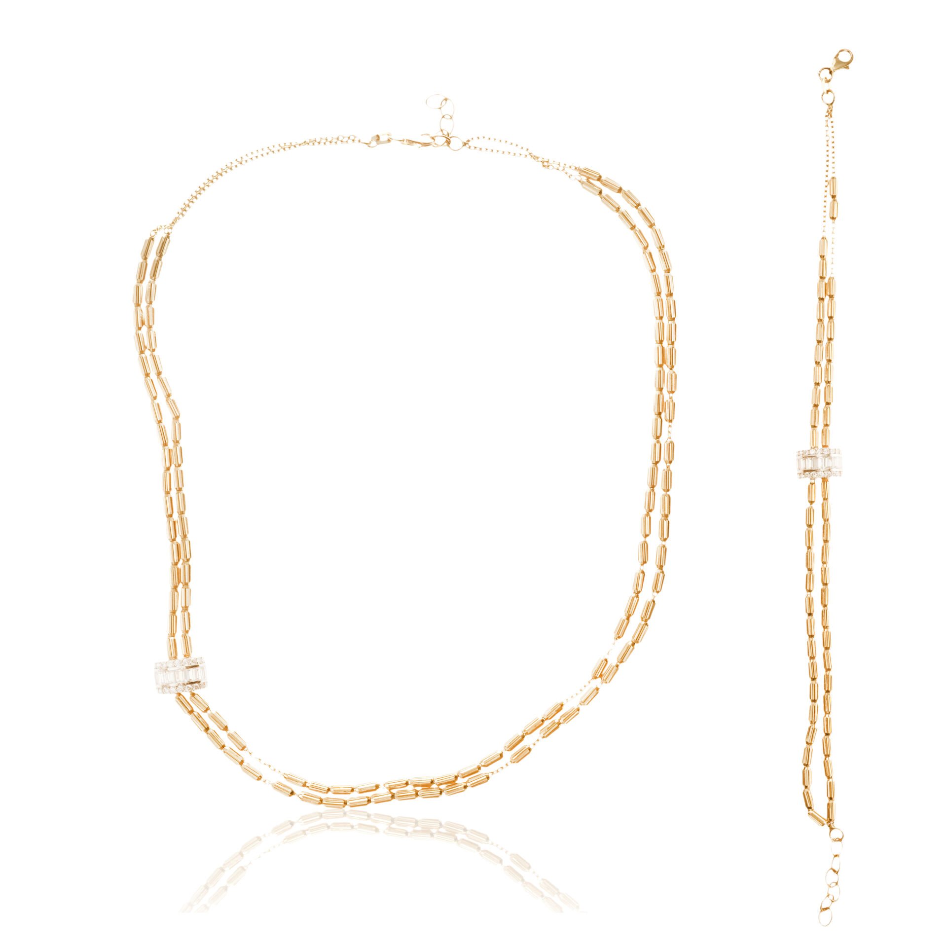 14 Ayar Altın Taşlı İkili Çubuk Zincir Set (Kolye & Bileklik)