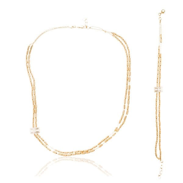 14 Ayar Altın Baget Taşlı Çift Sıra Çubuk Zincir Set (Kolye- Bileklik)