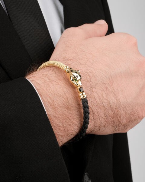 14 Ayar Altın Taşlı Leopar Figürlü Erkek Bileklik