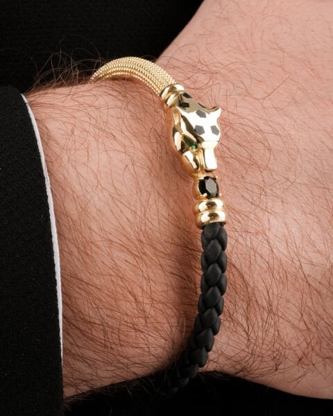 14 Ayar Altın Taşlı Leopar Figürlü Erkek Bileklik