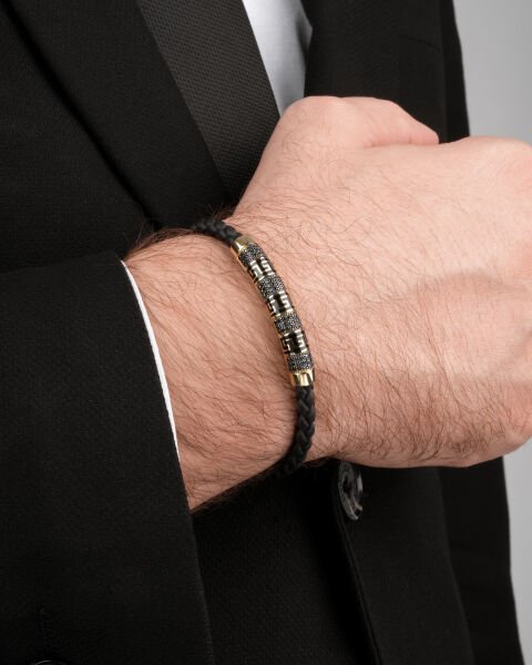 14 Ayar Altın Taşlı Deri Erkek Bileklik