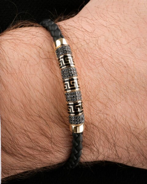 14 Ayar Altın Taşlı Deri Erkek Bileklik