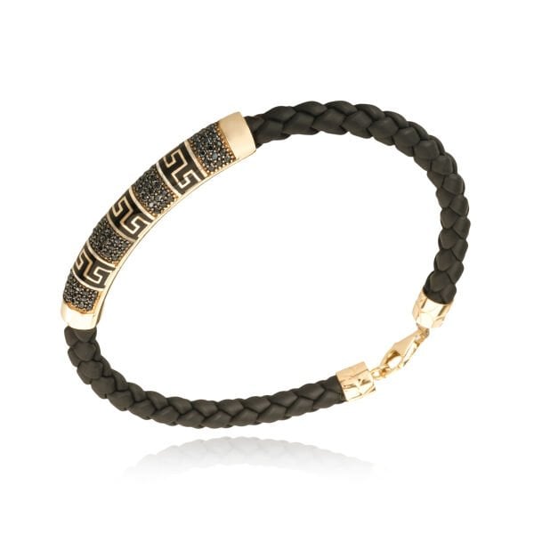 14 Ayar Altın Taşlı Deri Erkek Bileklik