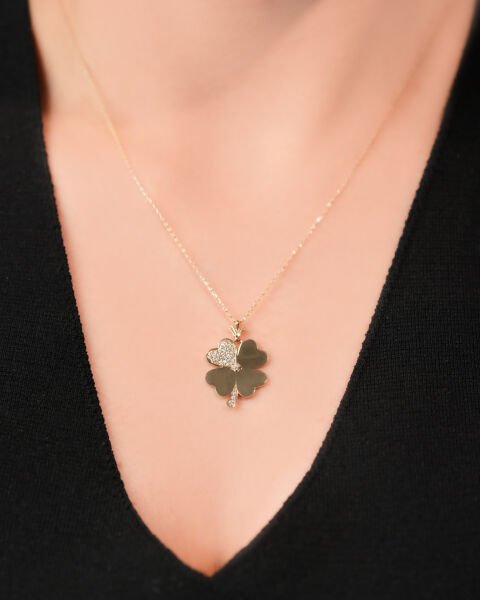 14 Ayar Altın 4  Yapraklı Yonca Taşlı Kolye