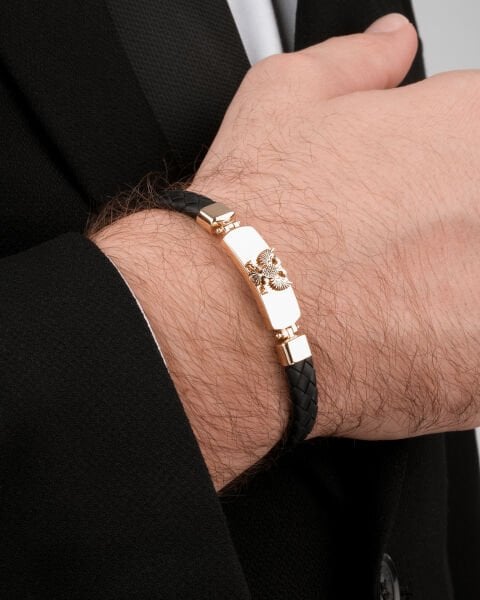 14 Ayar Altın Çift Başlı Kartal Figürlü Deri Erkek Bileklik