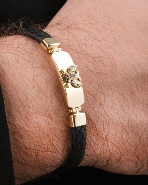 14 Ayar Altın Çift Başlı Kartal Figürlü Deri Erkek Bileklik