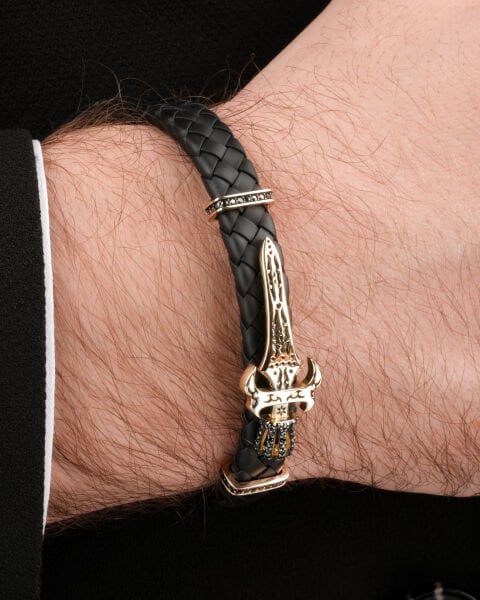 14 Ayar Altın Taşlı Kılıç Figürlü Deri Erkek Bileklik