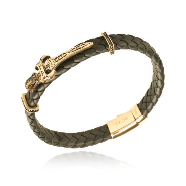 14 Ayar Altın Taşlı Kılıç Figürlü Siyah Deri Erkek Bileklik