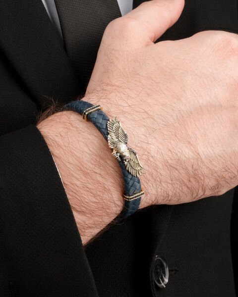 14 Ayar Altın Kartal Figürlü Deri ve Erkek Bileklik