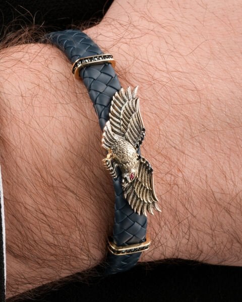 14 Ayar Altın Kartal Figürlü Deri Erkek Bileklik