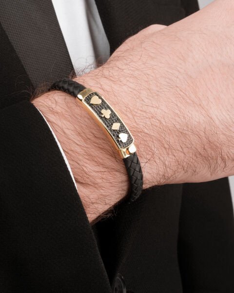 14 Ayar Altın Taşlı İskambil Figürlü Erkek Deri Bileklik