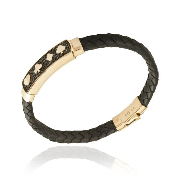 14 Ayar Altın Taşlı İskambil Figürlü Siyah Deri Erkek Bileklik