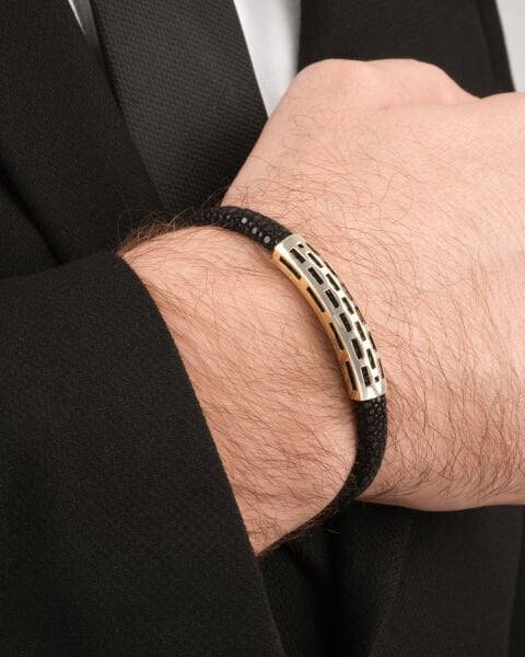 14 Ayar Altın Siyah Derili Erkek Bileklik