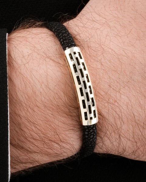 14 Ayar Altın Siyah Derili Erkek Bileklik