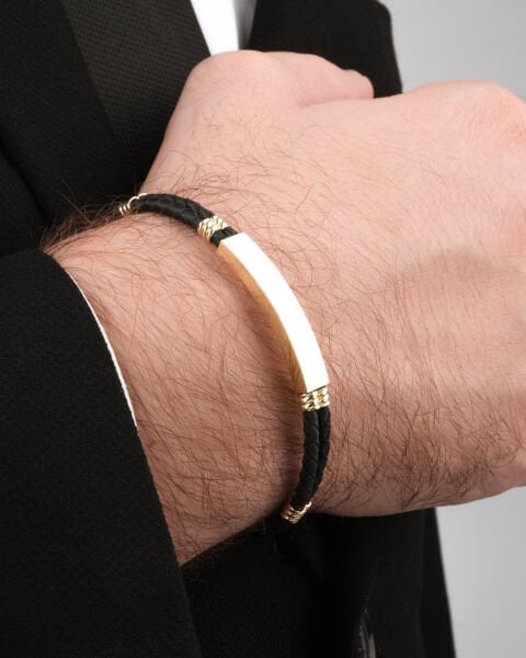 14 Ayar Altın Siyah Deri Erkek Bileklik