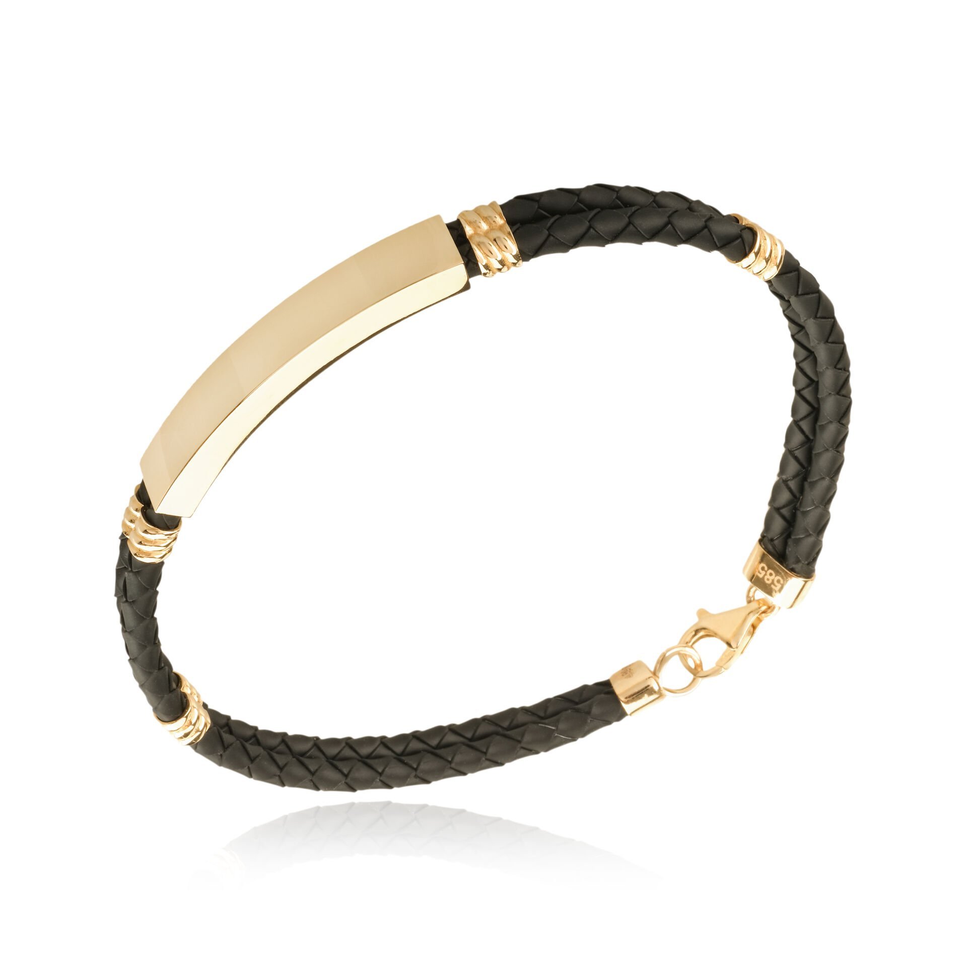 14 Ayar Altın Siyah Deri Erkek Bileklik