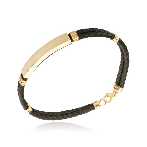 14 Ayar Altın Siyah Deri Erkek Bileklik